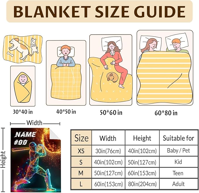 Personalized Blanket, Custom Name and Number, Cool 60 x 50 Inches Cozy Blanket Gift for Boys, Baseball Player, for Adults, Soft Warm Fuzzy Throw Blanket for Bed, Living Room, Home Decor