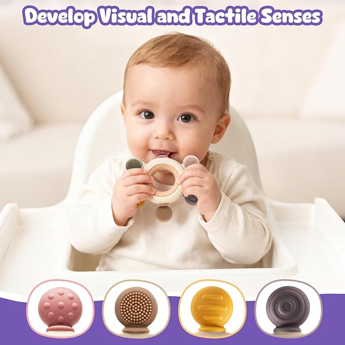 2 Packs Baby Teething Toy for 3-6 6-12 Months, Teether Mitten & Silicone Rudder with Wooden Ring, Food Grade Silicone, BPA-Free, Baby Chew Toys for Sucking Needs