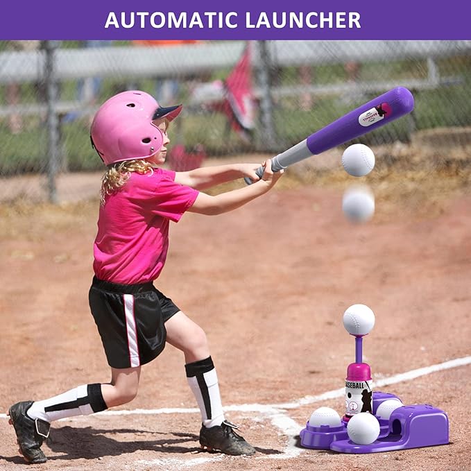 QDRAGON 2 in 1 T Ball Sets for Kids 3-5 5-8, Tee Ball Set with Automatic Pitching Machine/Adjustable Batting Bat & Stand/6 Balls, Baseball Toys Outdoor Sport for Toddlers Girls, Pink