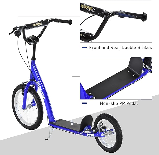Aosom Youth Scooter Kick Scooter for Kids 5+ with Adjustable Handlebar 16" Front and 12" Rear Dual Brakes Inflatable Wheels