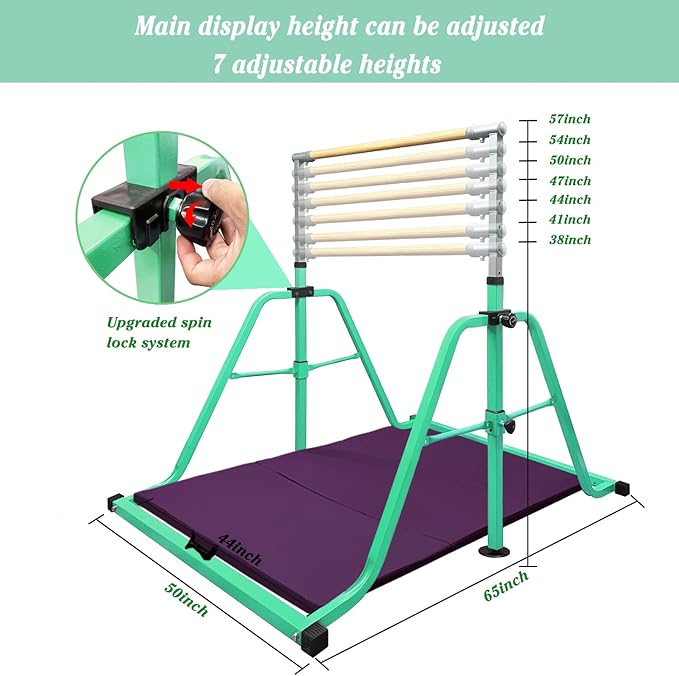 Foldable Gymnastics Kip Bar,Horizontal Bar for Kids,No Wobble Gym Equipment for Home Indoor,3' to 5' Adjustable Height,Gymnasts 1-4 Levels,300 lbs Weight Capacity