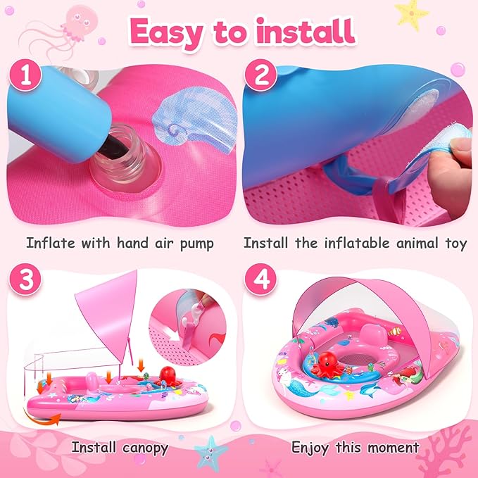 Sunrad Baby Pool Float with Canopy UPF50+ Sun Protection, Inflatable Baby Swim Float with Toy Play Console & Adjustable Safety Seat, Toddler Infant Pool Floaties for 6-36 Months