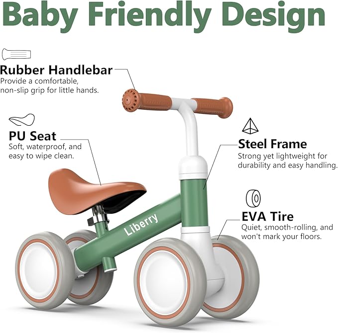 Liberry Baby Balance Bike for 1 Year Old Boys, 4 Wheels Toddler Balance Bike with Adjustable Seat, 12-24 Months Infant's First Birthday Gift (Green)