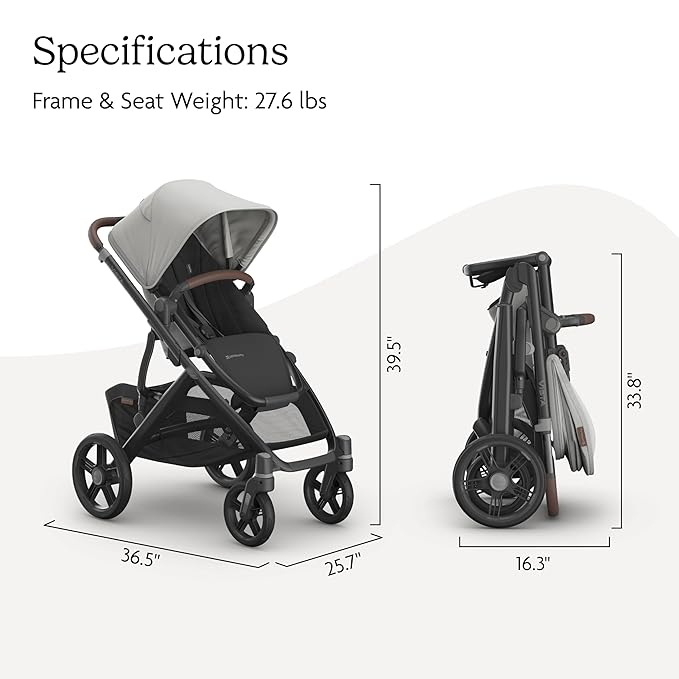 UPPAbaby Vista V3 Stroller - Full-Size Single-To-Double Stroller System - Toddler Seat, Bug Shield, Rain Shield, and Storage Bag Included - Savannah (Pearl Gray Jacquard/Carbon Frame/Chestnut Leather)