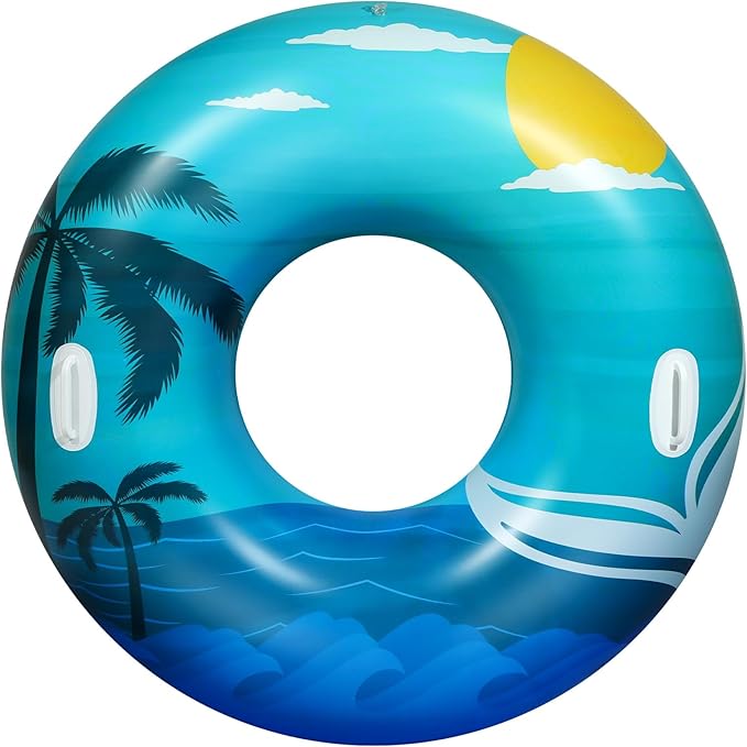 HeySplash Pool Tubes for Adult, 42 Inch Large Pool Floats with Handles, Inflatable Swim Rings Lounge, Hawaii Fun Swim Floaties Swimming Pool Beach Lake River Party Decoration Toys, Blue Green Beach