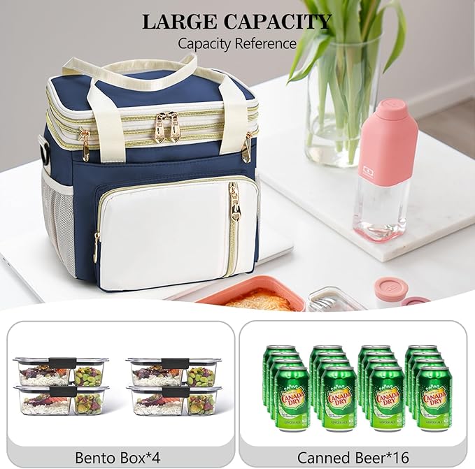 LOKASS Lunch Box for Women/Men-16L-Insulated Lunch Bag, Expandable Double-layer Leakproof Cooler Bag with Upgrade Adjustable Shoulder Strap Ideal for Work/Travel/Picnics（Dark Blue）