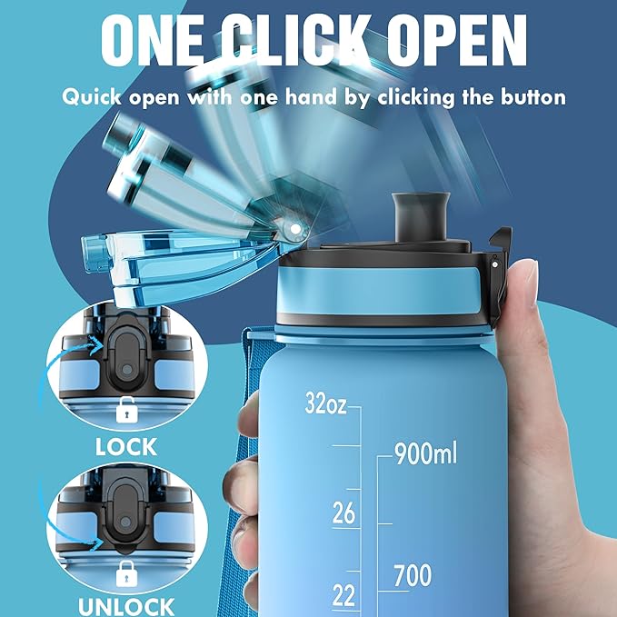OLDLEY Water Bottle, 32oz Motivational Sports Water Bottle with Time Marker - Times to Drink - Tritan, BPA Free, Wide Mouth Leakproof, Sky (1 Bottle)