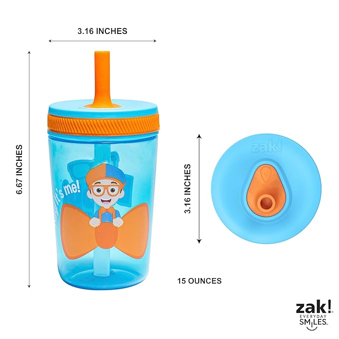 Zak Designs Blippi Kelso Toddler Cups For Travel or At Home, 15oz 2-Pack Durable Plastic Sippy Cups With Leak-Proof Design is Perfect For Kids (Blippi)