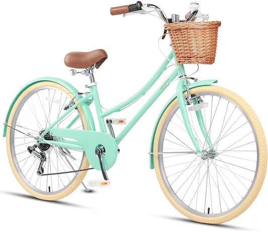 Glerc 20 24 26 Inch Beach Cruiser Bike, 6-Speed Hybrid City Bicycle for Girls Youth and Over 6 Years Old, Missy Bike with Wicker Basket & Lightweight, Multiple Colors