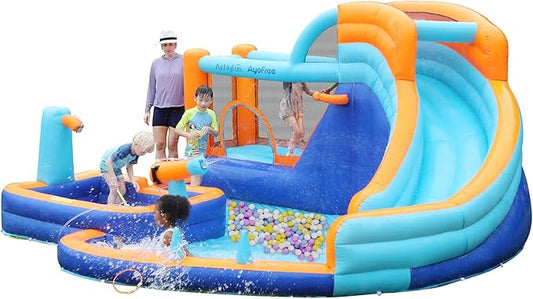AirMyFun Inflatable Bounce House Water Slide with Curved Slide & Ball Pit Splash Pool - Kids Outdoor/Indoor Water Play Center for Backyard, Birthday Parties - Includes Basketball Hoop & Blower