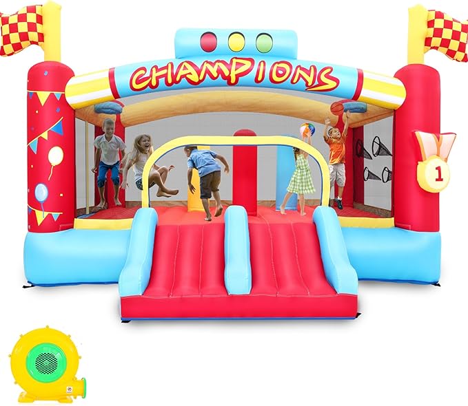 AKEYDIY Inflatable Obstacle Course Bounce House for Kids, 13.12FT x 11.16FT Racing Party Bouncy House for Kids 3-12 w/Large Jumping Area, Basketball Hoop & Racing Slide, Target Toss Game, 550W Blower