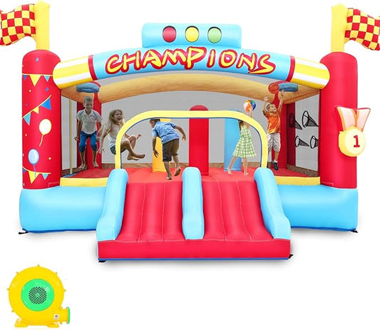 AKEYDIY Inflatable Obstacle Course Bounce House for Kids, 13.12FT x 11.16FT Racing Party Bouncy House for Kids 3-12 w/Large Jumping Area, Basketball Hoop & Racing Slide, Target Toss Game, 550W Blower