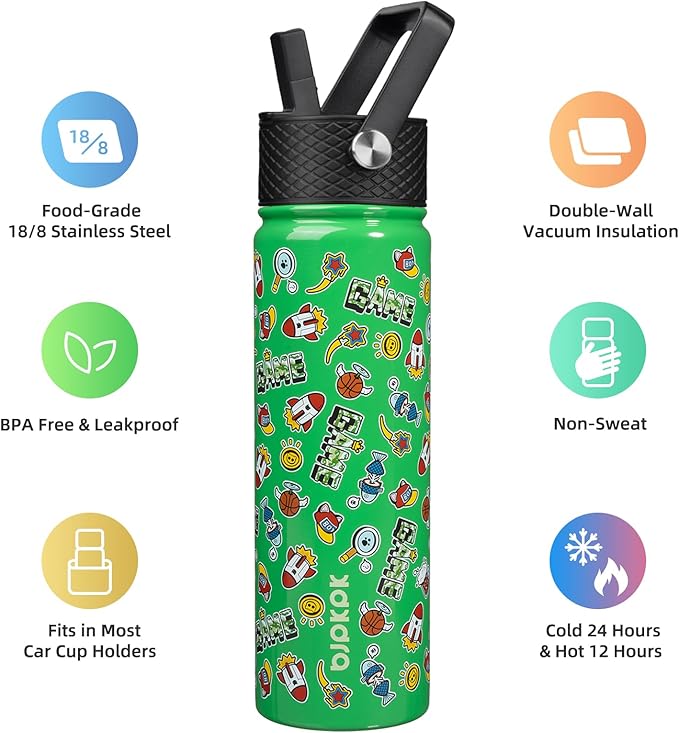 BJPKPK Insulated Water Bottle with Straw Lid, 22 oz Stainless Steel Metal Water Bottles, Reusable Leak Proof BPA Free Water Bottles, Cups, Thermo, Game
