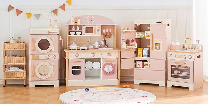 ROBOTIME Wooden Kids Play Kitchen – 4-in-1 Toddler Play Kitchen Set with Fridge, Washer & Dishwasher – Wooden Corner Cooking Playset for Boys & Girls Ages 3+