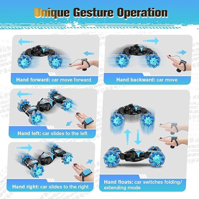 1:12 Gesture Sensing RC Stunt Car, 2-in-1 Hand Controlled Remote Control Twist Cars with Light & Music, 4WD 360° Rotate Transform Drift, Gifts for 6-8-12 Kids Age 6 7 8 9 10 11 12 Yrs Old‌(Blue)