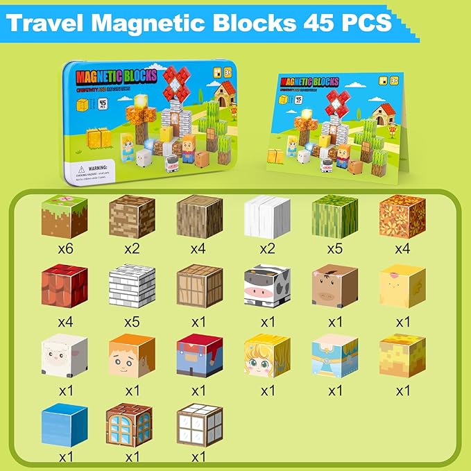 Aywewii Magnetic Blocks 45 PCS Travel Toys for Kids Ages 3-8, Toddler Magnetic Building Cubes STEM Learning Set with Iron Case - Portable Building Toys Gift for Boys and Girls (Farm Edition 1)