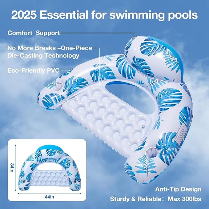 [2025 New Upgraded] Pool Floats for Adult -Floating Lounge Chairs,Inflatable Pool Floats with Cup Holders 2 Repair Patch Suit for Swimming Pools, Beach, Pool Toys,Backyard Party,Lakes（2 Packs