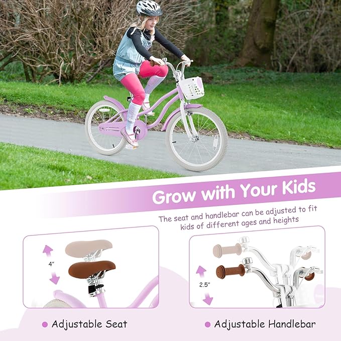 HONEY JOY Kids Bike, 12 14 16 18 20 Inch Toddler Bikes w/Training Wheels, Handbrake & Coaster Brake, Fully Enclosed Chain, Adjustable Handlebar & Seat, Kids Bicycle w/Basket, Girls Boys Bike 3-8