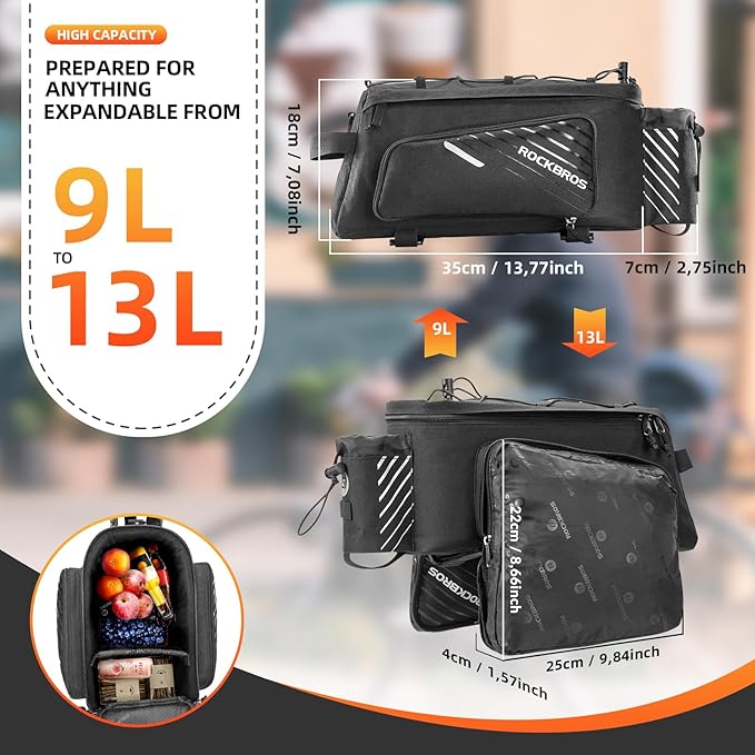 ROCK BROS Bike Rack Bag Bicycle Bag Trunk Rear Rack Bag Bike Panniers Bike Accessories Basket Storage Luggage Saddle Shoulder Bag 13L for E bike, Bicycle With Rain Cover