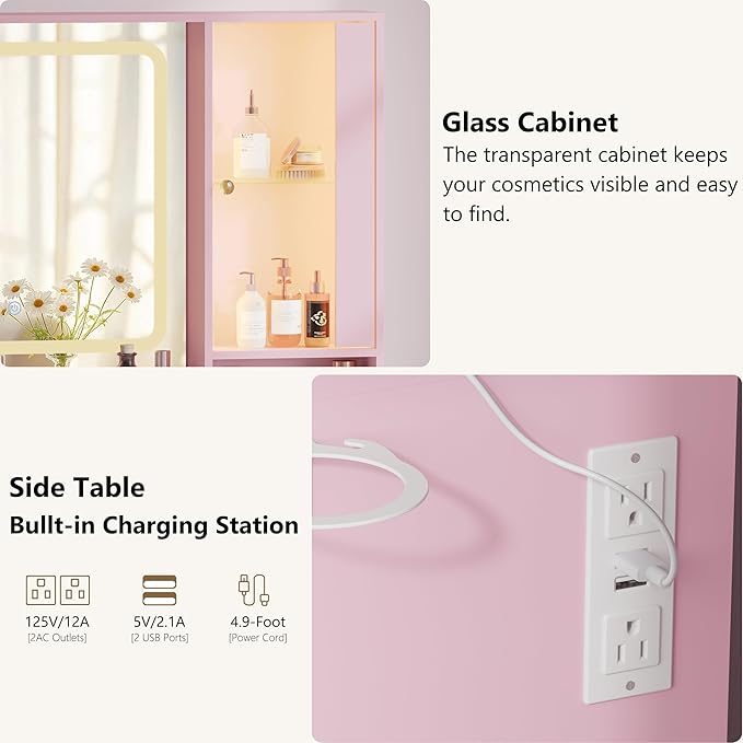 43'' Makeup Vanity with Mirror and Lights, Pink Vanity Desk with 7 Drawers & Charging Station, 3 Lighting Modes & Adjustable Brightness, Cushioned Stool, Dressing Table for Girls, Women, Teens