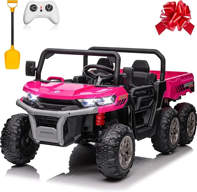 24V XL 2 Seater Ride on Dump Truck, 7AH Battery Powered Golf Cart for Kids w/800W Powerful Motors, Remote Control, Detachable Awning, Dump Bed & Shovel, Electric Kids UTV for Boy Girl, Hot Pink