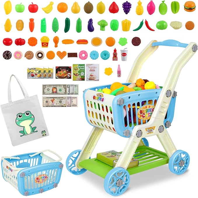 Kids Shopping Cart - 2 in 1 Toy Shopping Cart with Play Food Fruit Vegetable Dessert and Shop Accessories, 72pcs Pretend Play Grocery Store Toy Kitchen Game Trolley Play Set for Kids (Blue)