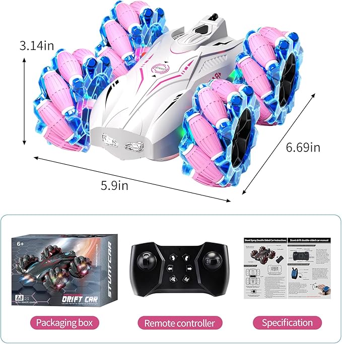 RC Gesture Sensing Stunt Car,2.4GHz 4WD Remote Control Car with Cool Light,Double Sided Rotating Off Road Vehicle 360 Degree Flips Cars for 6-12 Year Old Boys Girls Birthday Presents [Pink]