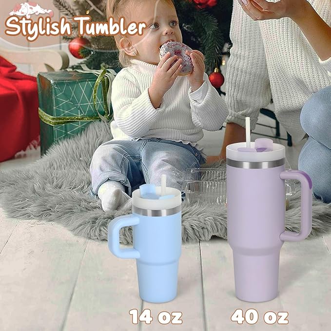 Cosictic 14 Oz Tumbler with Handle and Straw for Kids, Stainless Steel Double Wall Vacuum Insulated Cup for Children, 14 Oz Cups for Kids (Sky Blue)