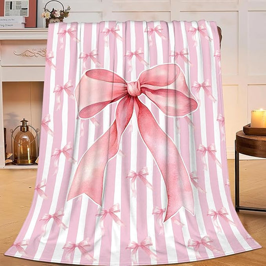 Pink Bow Throw Blanket for Girls, Bows Fleece Blanket Coquette Gifts for Women Girls, Warm Cozy Soft Flannel Preppy Stuff for Bed Sofa Couch 80" x 60"