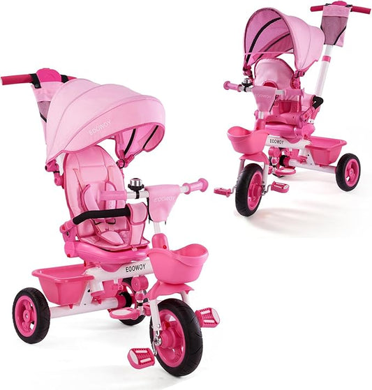 Baby Trike, 6-in-1 Kids Tricycle with Adjustable Push Handle, Removable Canopy, Safety Harness for 18 Months - 5 Year Old(Pink)