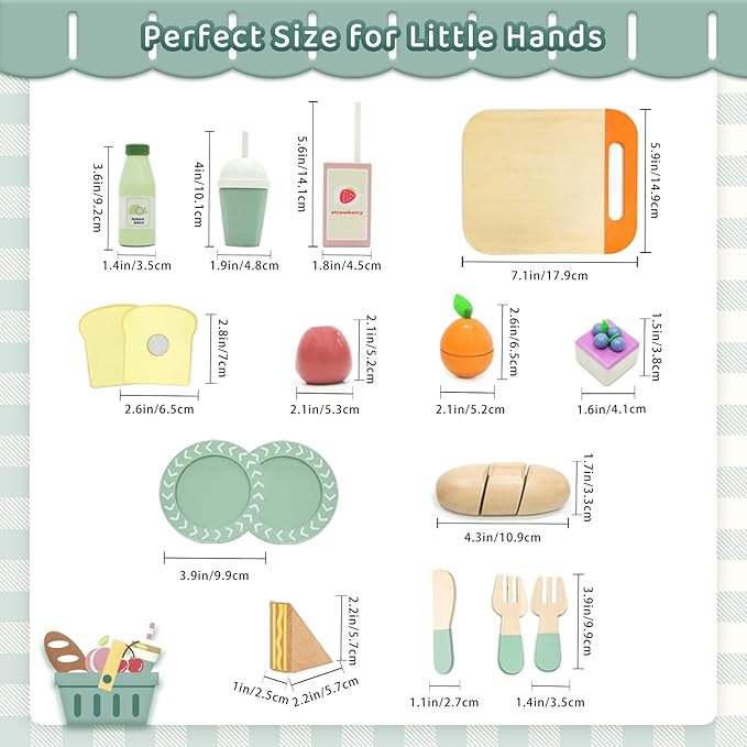 Picnic Playset - Wooden Play Food - Play Food Sets for Kids Kitchen - Pretend Food, Toy Food with Multifunctional Storage Bag, Non-Toxic Toy Picnic Set Best Gift for 3+ Toddlers