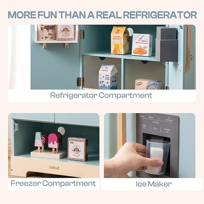 ROBOTIME Toy Kitchen Wooden Fridge, Play Refrigerator for Kids & Toddlers, Wooden Fridge Freezer Set with Ice Maker and Foods, Pretend Play Kitchen Playset for Ages 3+