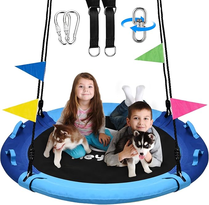 Tree Swing, Saucer Swing Sets 43 Inch for Kids, Come with 360 Degree Swivel and Adjustable Hanging Strap, for Outdoor, Blue and Cerulean