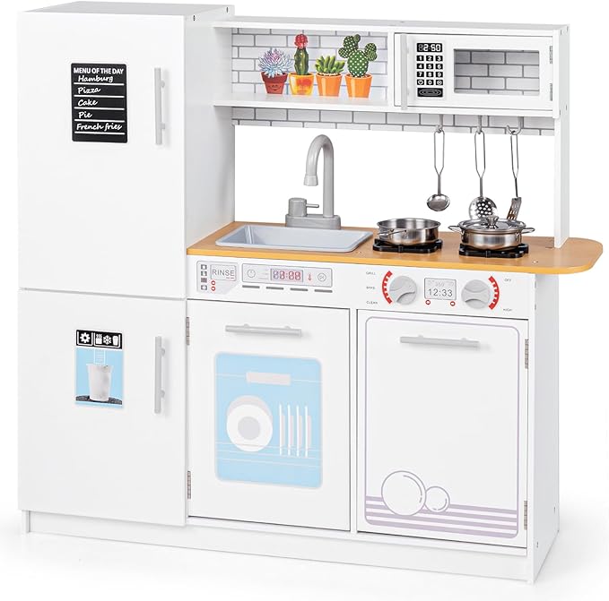 HONEY JOY Kids Kitchen Playset, Wooden Little Chef Pretend Play Kitchen Set w/Blackboard, Large Storage Cabinet, Stove, Faucet, Sink, Play Kitchen for Toddlers, Gift for Boys Girls, White