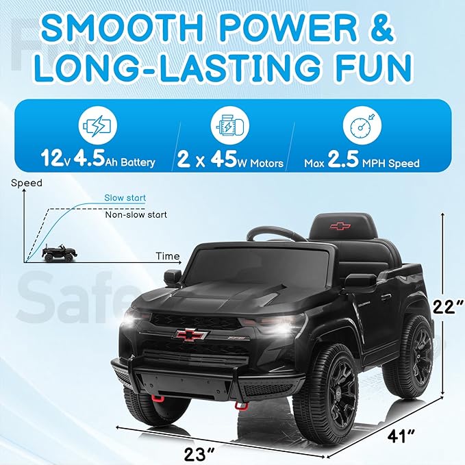 Winado Licensed Chevrolet Colorado Electric Car for Kids, 12V Ride on Toys for Toddlers with Remote Control, Battery Powered Electric Car Ride On Vehicle w/Bluetooth, Soft Start, LED Lights - Black