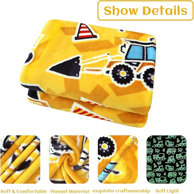 Excavator Blanket Construction Gifts for Kids Glow in The Dark Truck Blanket Soft Tractor Toys Throw Blankets Boys Car Theme Decor Blankets 60"×80"