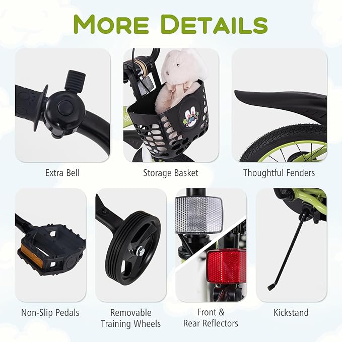 BABY JOY Rabbit Pilot Sporty Kids Bike, 12 14 16 18 Inch Child Bike for 3-8 Years Old with Adjustable Height, Training Wheels, Storage Basket, Handbrake & Coaster Brake, Kids Bicycle for Girls Boys