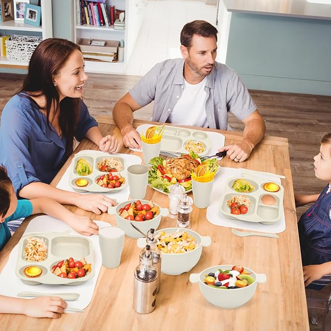 24 PCS Wheat Straw Dinnerware Set for Kids Toddler Plate Bowl Cup Set Unbreakable BPA-Free Tableware with Divided Plate Microwave Dishwasher Safe Perfect for Home School Picnics