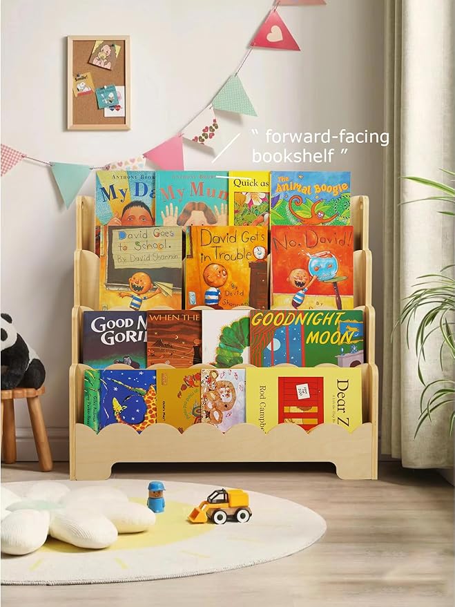 Kids Bookshelf Wooden 4-Tier, Scalloped Book Shelf for Kids Rooms, Front Facing Toddler Montessori Bookshelf, Baby Nursery Book Shelves Kid Classroom Book Shelf Bookcase
