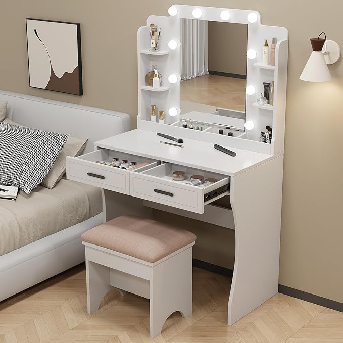 Makeup Vanity Desk with Mirror and Lights Makeup Table with Lights Luxury Vanity Desk with Mirror White Girls Vanity Set Make Up Bedroom Vanity(33.5" Vanity)