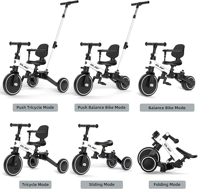 Glaf Tricycle for Toddlers 1-3 Toddler Bike Tricycles with Push Handle 2-4 Years Baby Bike Boys and Girls Balance Bike Birthday Toys with Removable Pedals Adjustable Seat Height and Backrest (White)