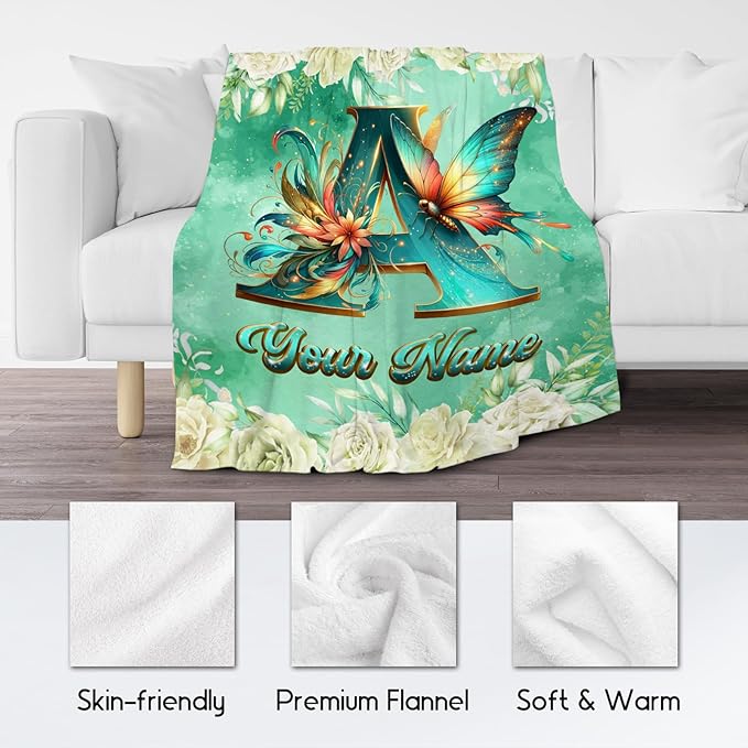Personalized Blanket - Butterfly Blankets for Girls Women - Custom Name Gifts for Daughter - Cozy Flannel Monogram Throws - 4 Sizes for Toddler/Kids/Teens/Adults