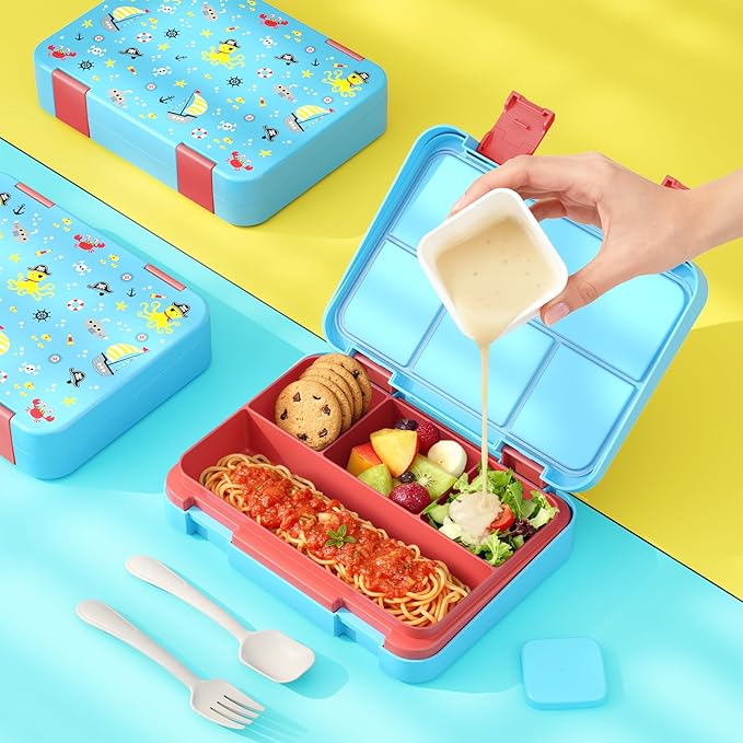 Bento Lunch Box for Kids, 4 Compartments Kids Leak Proof Back to School Bento Lunch Boxes Food Containers for School, Travel, On-the-Go Meal, Food Grade, Microwave, Dishwasher Safe
