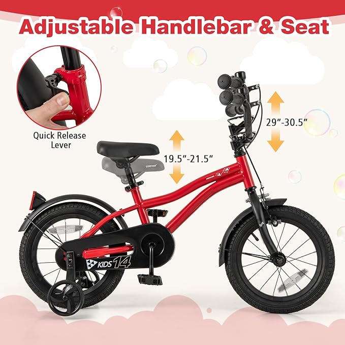 BABY JOY Kids Bike, 12 14 16 18 Inches Sporty Bicycle with Training Wheels, Adjustable Seat, Handbrake & Coaster Brake, Reflectors, Girls Boys Bike for 3-8 Years Old Children