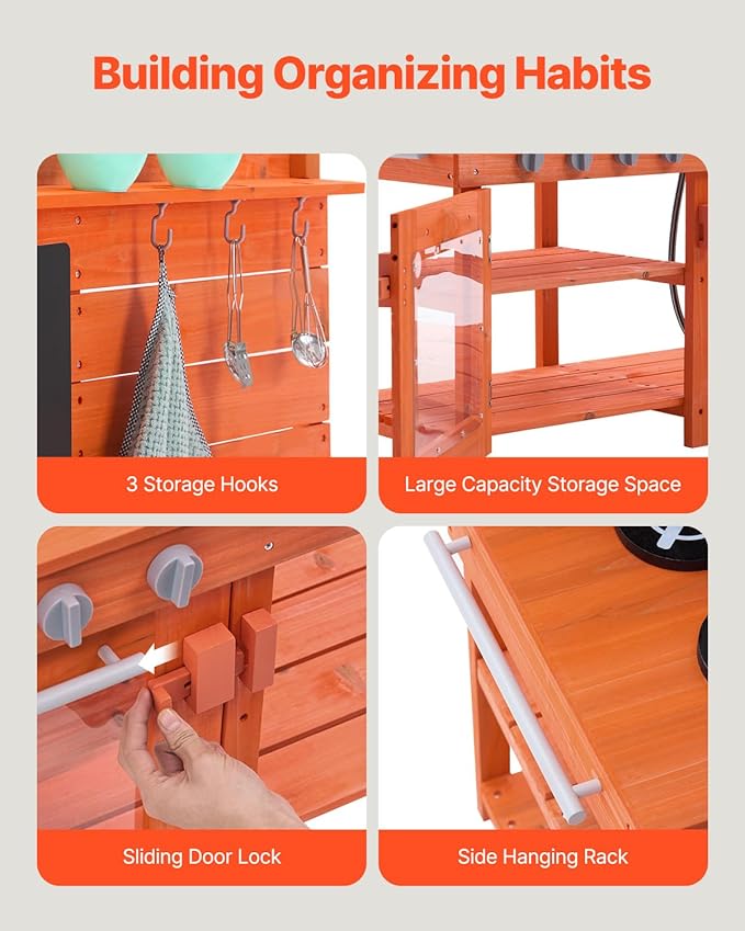 VEVOR Wood Outdoor Play Kitchen for Kids, 41.3in Extra-Wide Design with Realistic Stoves, 2 Removable Sinks, Upgraded Faucet, Blackboard & Cookware Pots, Outdoor Mud Kitchen for Boys & Girls