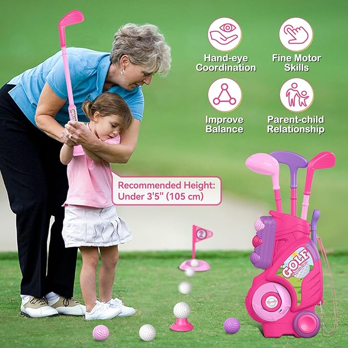 Liberry Toddler Golf Set for 2 3 4 Years Old Girls Boys, Upgraded Kids Golf Clubs Set with Golf Cart, Putting Mat, Outdoor Indoor Sports Toy Birthday Gift, Pink