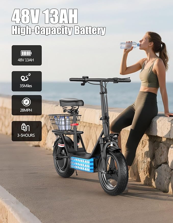Electric Scooter Adults, 1000W Peak Motor, 35 Miles of Range Scooter with Seat, 28MPH Top Speed, Foldable Escooter with Rear Basket for Pets and Cargo, Dual Suspension for Commuting