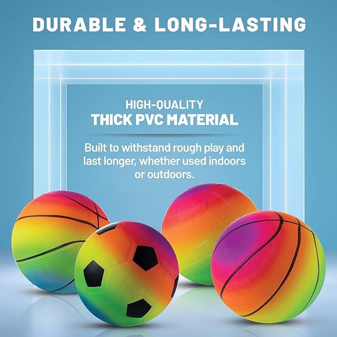 Bedwina Mini Rainbow Sports Balls - 5 Inch (Pack of 4) Inflatable Vinyl Balls for Kids and Toddlers with Hand Air Pump, Basketball, Volleyball, Soccer for Playground, Indoor and Outdoor