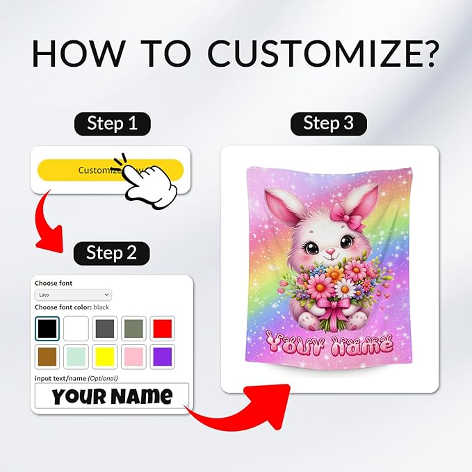 Personalized Blanket for Kids, Bunny Blanket for Girls, Custom Gifts for Toddler Daughter, Rainbow Throws Decor, 4 Size