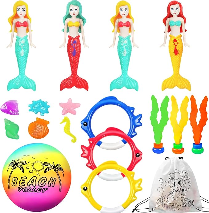 Pool Toys for Kids, Mermaid Swim Diving Pool Toys for Toddlers Girls,Underwater Sinking Water Ball Games, Pool Swim Float Treasure Fish Toy, Diving Ring Toys with Mesh Bag for Summer Pool Beach Party